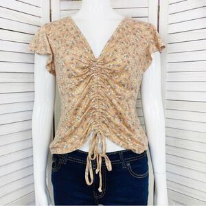 Y2K Love Fire Floral Flutter Cap Sleeve Adjustable Length Knit Shirt Peach Large